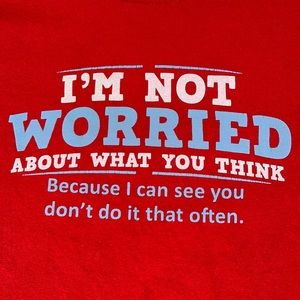 Red short-sleeve T with writing on it from Amazon.